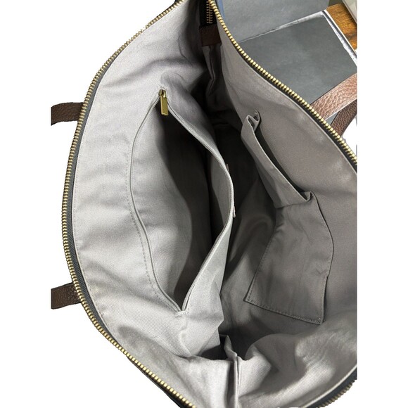 Fossil Jenna Color Block Pebbled Leather Shoulder Bag Tote Navy Blue Brown - Picture 6 of 10